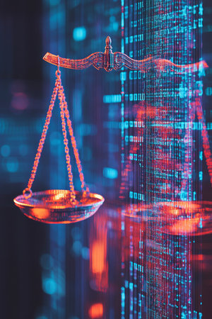 Cyber Law And Digital Justice, Scales Of Justice With Abstract Technology Background.の素材