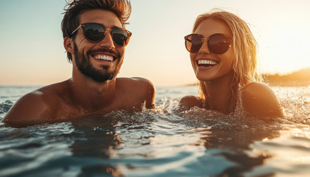 Playful Couple Enjoying Summer Romance In Ocean Waves At Sunset, Vacation And Love Concept.の素材