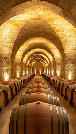 Golden Cellar, Rows of Oak Wine Barrels in Traditional Winery Cellar with Arched Vaulted Ceilingの素材