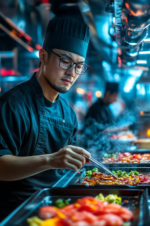 Skilled Chef Meticulously Adds Finishing Touches to Asian Cuisine in a Vibrant Restaurant Kitchen.の素材