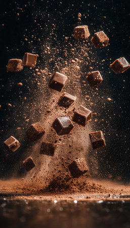 Dark Chocolate Explosion A Culinary Blast of Flavor. Sweet Indulgence Flying through the Airの素材