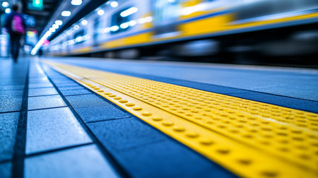 Subway Platform With Tactile Safety Tiles, Guiding City Commuters, Urban Transit Accessibilityの素材