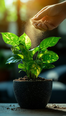 Plant Care Routine Dusting Leaves of Indoor Potted Plant, Creating a Healthy Home Environmentの素材