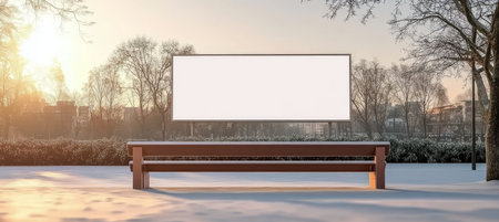 Snowy Park Scene with Empty Billboard on a Bench and Trees on a Winter Day with Sunrise Backgroundの素材