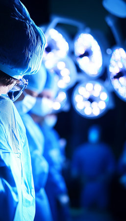 Surgical Team Performing Operation, Blue Background, Surgeons in Operating Room, Surgical Lightsの素材