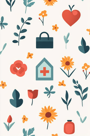 Seamless pattern, healthcare, love symbols. Cute medical background, flowers, hearts, medical icons.の素材