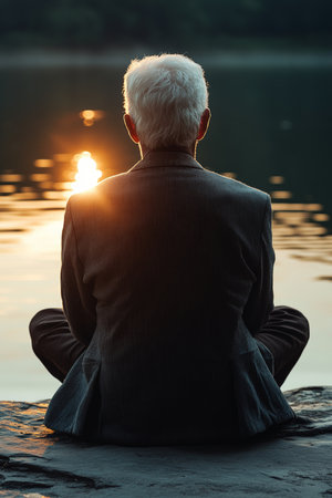Serene Senior Man Finds Peace and Tranquility in Nature Meditation by the Lake at Sunsetの素材