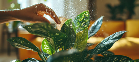 Gentle Hand Misting Lush Indoor Plants With Freshness Water for Hydrated Indoor Greenery.の素材