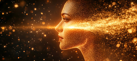 Golden Dust Forming the Profile of a Person, Concept of Universe, Digital Art, Stock Photoの素材
