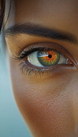 Close Up Portrait of a Woman with Striking Green and Amber Eyes, Beauty and Skincare Conceptの素材