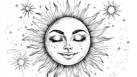 Celestial Sun With Face, Line Art Illustration , Design Elements for Coloring Books and Pagesの素材
