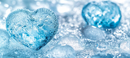 Ice Heart on Frozen Background, Valentines Day, Closeup Macro with Frost and Water Dropsの素材