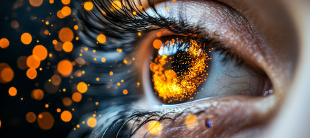 Close Up of an Eye Reflecting Golden Digital Particles, Concept of Futuristic Vision and Technologyの素材