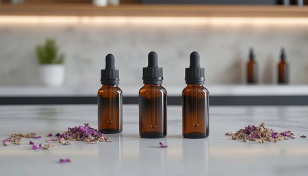 Three Amber Glass Dropper Bottles with Black Caps, Surrounded by Dried Herbs, on White Surfaceの素材
