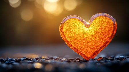 Glowing Heart of Amber Glass on a Bed of Pebbles, Illuminated by Golden Sunset Backlightの素材