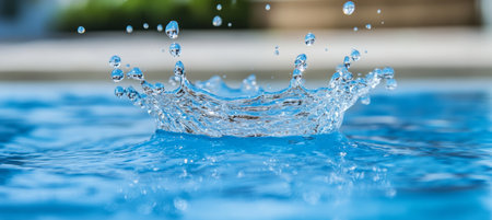 Water Droplets Create A Crown Splash Effect, With Copy Space In Refreshing Blue Waterの素材