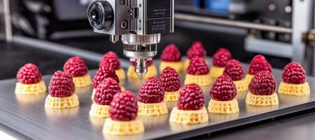 3D Food Printer Adding Topping To Small Cakes Decorated With Raspberies, Close Up On Conveyorの素材