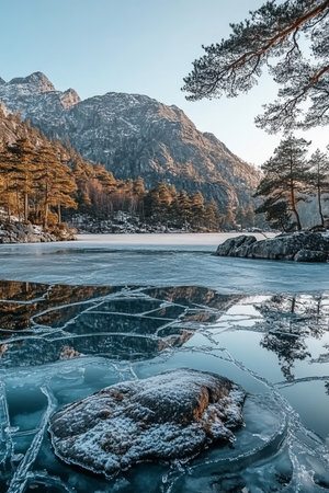 Winter Wonderland Frozen Lake with Blue Ice, Cracks, Pine Forest, and Mountains under Blue Skyの素材