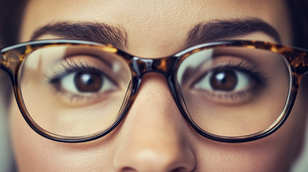 Woman with Glasses A Close-up Portrait Showcasing Stylish Eyewear and Expressive Brown Eyesの素材
