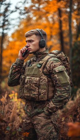 Focused Soldier in Camouflage, Urgent Communication in Autumn Forest, Military Operationの素材