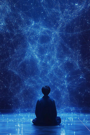 Visionary Businessperson Contemplating a Network of Glowing Connections, Symbolizing Tech Innovationの素材