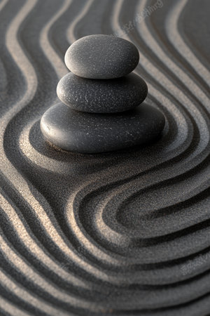 Zen Pebbles of Tranquility Stacked Stones and Serene Raked Black Sand Art. Background, Harmony.の素材
