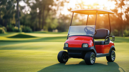 Red Golf Cart on Lush Green Golf Course at Golden Sunset, Ideal for Golfing and Leisure Conceptsの素材