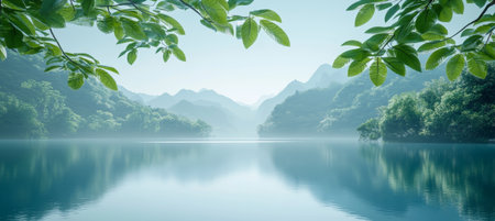 Tranquil Lake Reflections Serene Mountain Vista, Gentle Mist, and Dreamy Bokeh With Lush Foliageの素材