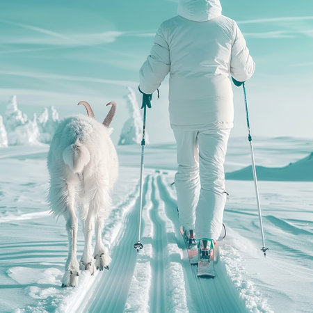 Winter Wonderland Woman Cross-Country Skiing with Goat Companion, Exploring a Snowy Landscapeの素材