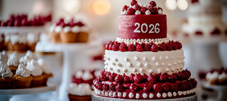Celebration Cakes and Treats Display Featuring 2026 on a Cake with Soft Bokeh Backgroundの素材