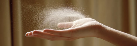 Dusting Away Close-Up of Hand Clearing Accumulated Dust with Particles Scattering in Sunlightの素材