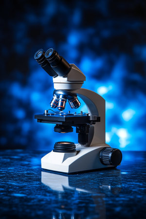 Laboratory Microscope A Scientific Instrument on a Reflective Surface Against a Blue Backgroundの素材