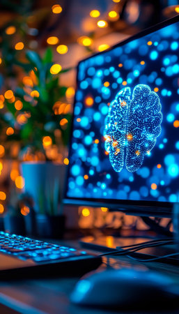 Abstract Brain Glowing on Computer Screen in Cozy Room with Festive Lights, AI Technology Conceptの素材