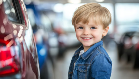 Cute Little Boy, Big Dreams Happy Child Explores Cars at Dealership, Smiling with Excitementの素材
