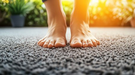 Barefoot Comfort, Feeling The Softness Of Gray Carpet, Relaxation, Warm Outdoor Sunshine Glowの素材