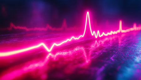 Neon Cyberpunk Electrocardiogram, EKG or ECG Line, Pulse Trace Abstract Background, Medical Conceptの素材