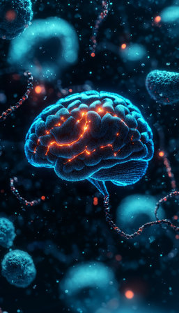 Digital Brain In A Network Of Glowing Nodes And Connections, A Visualization Of, Neurologyの素材
