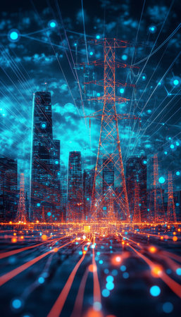 Futuristic City Skyline with Power Lines and Network Connections in Neon Glow Digital Urbanismの素材