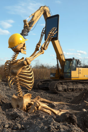 Skeleton Construction Foreman in Hardhat Using Tablet, Excavator Background, Construction Site Humorの素材