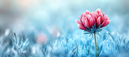 Single Pink Flower with Delicate Soft Focus and Dreamy Pastel Background in Blue and Pinkの素材
