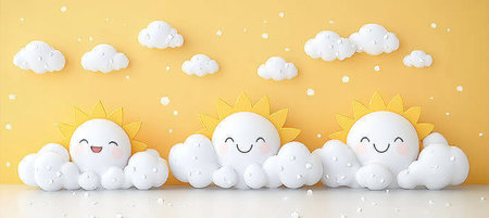 Cute Smiling Suns and Clouds on a Cheerful Yellow Background, Happy Cartoon Background, 3D Renderingの素材