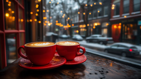 Cozy Cafe Window with Two Latte Art Coffees, Fairy Lights, and Bokeh City View in Winterの素材