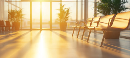 Empty Airport Terminal Seating Area Bathed in Golden Sunlight, Spacious Departure Lounge Interiorの素材