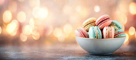 Sweet Macarons Colorful French Confections Beautifully Arranged in Bowl with Bokeh Backgroundの素材