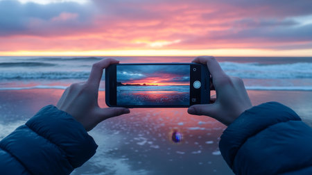Capturing the Magic, A Photographer Preserves a Golden Ocean Sunset on Their Smartphone Screenの素材