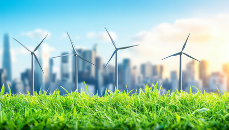 Green Energy for a Sustainable Future Wind Turbines and City Skyline Representing ESG Goalsの素材