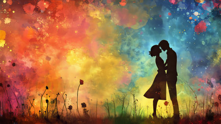 Silhouetted Couple s Embrace Against a Vibrant, Colorful Sunset with Delicate Floral Foregroundの素材