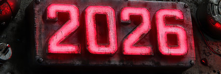 Glowing Neon Sign Displaying 2026, Set Against a Gritty, Industrial Cyberpunk Backdropの素材