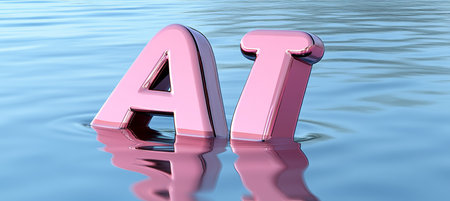 3D Pink Metallic AI Letters Floating on Water Surface, Creating Reflections, Symbolizing AI Conceptの素材