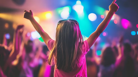 Young Girl Raising Her Hands at a Concert, Immersed in the Music and Colorful Lights.の素材